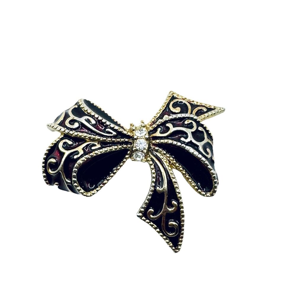 Vintage Monet Figural Bow Enamel & Rhinestone Bro… - image 1